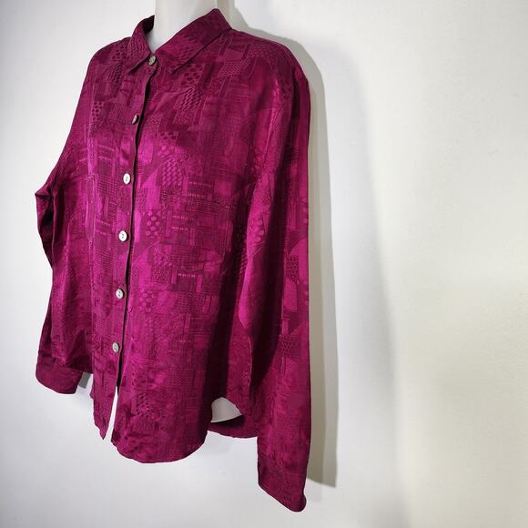 Chicos Design Vintage Women Shirt Silk Linen Blend Size 1 M Button Abstract Pink - Picture 5 of 10